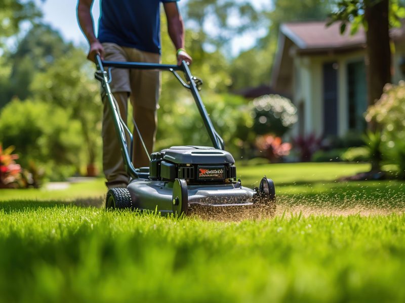 A gardener cuts the grass in a backyard.
