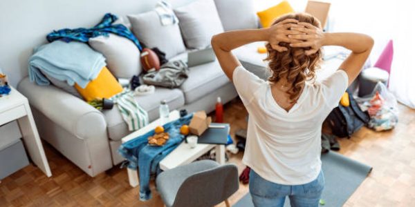 Rear view of Mature housewife standing while preparing for cleaning at home.